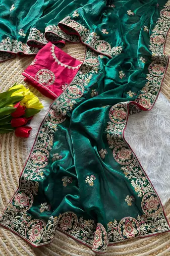 Emerald Color Heavy golden Embroidery And Zarkhan diamond Work Silk Saree