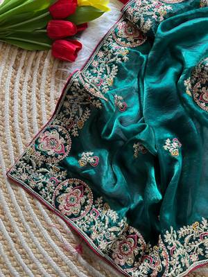Emerald Color Heavy golden Embroidery And Zarkhan diamond Work Silk Saree 5