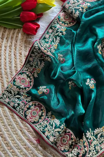Emerald Color Heavy golden Embroidery And Zarkhan diamond Work Silk Saree