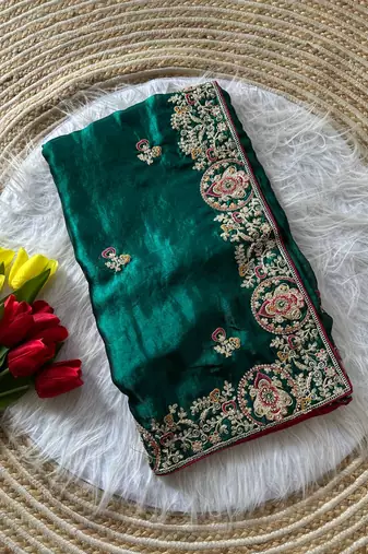 Emerald Color Heavy golden Embroidery And Zarkhan diamond Work Silk Saree
