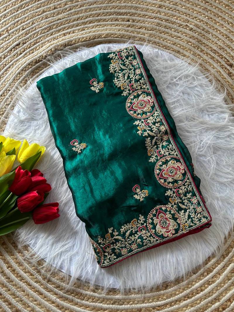 Emerald Color Heavy golden Embroidery And Zarkhan diamond Work Silk Saree
