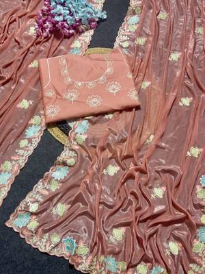 Peach Color Thred work silk  Saree 1