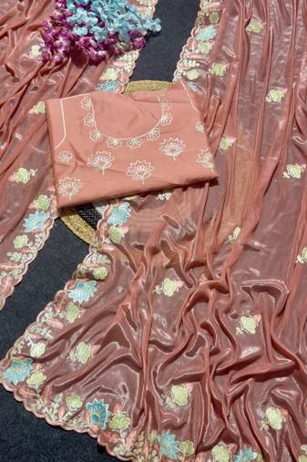 Peach Color Thred work silk  Saree