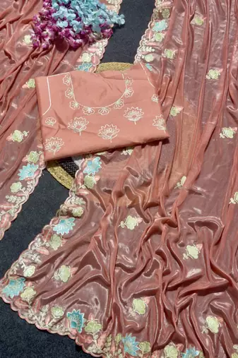 Peach Color Thred work silk  Saree