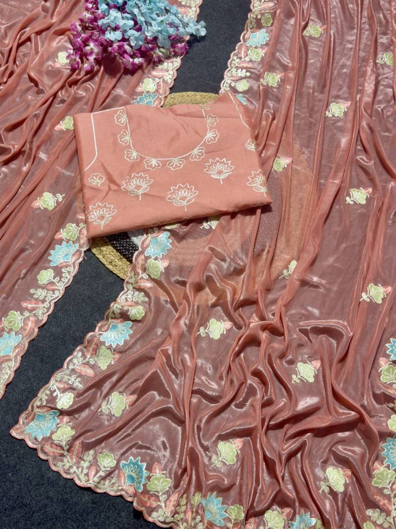 Peach Color Thred work silk  Saree