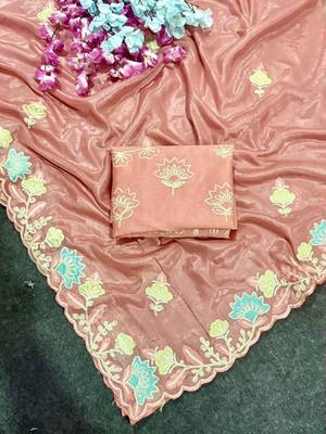 Peach Color Thred work silk  Saree 3