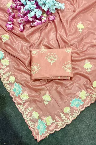 Peach Color Thred work silk  Saree