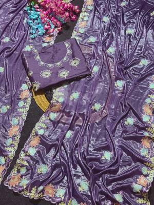 Purple Color Thred work silk  Saree 3