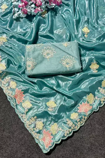 Teal Color Thred work silk  Saree