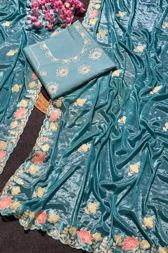 Teal Color Thred work silk  Saree