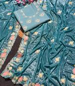 Teal Color Thred work silk  Saree