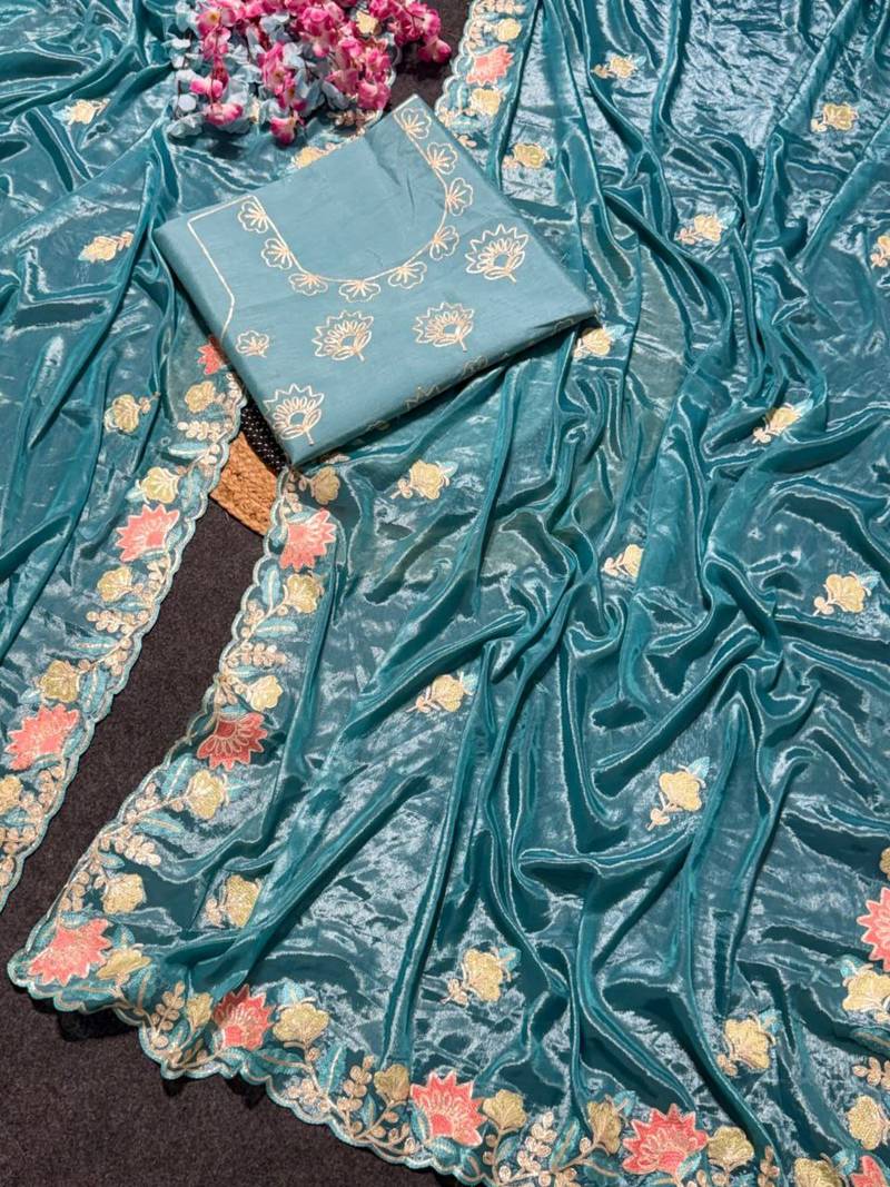 Teal Color Thred work silk  Saree