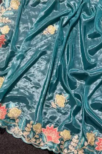 Teal Color Thred work silk  Saree