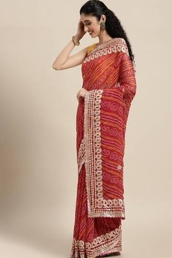 Red Bandhani Gota Patti Work Georgette Saree
