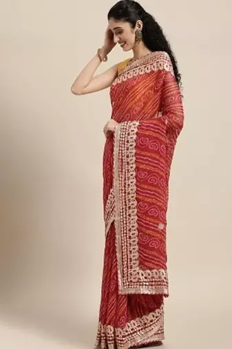 Red Bandhani Gota Patti Work Georgette Saree