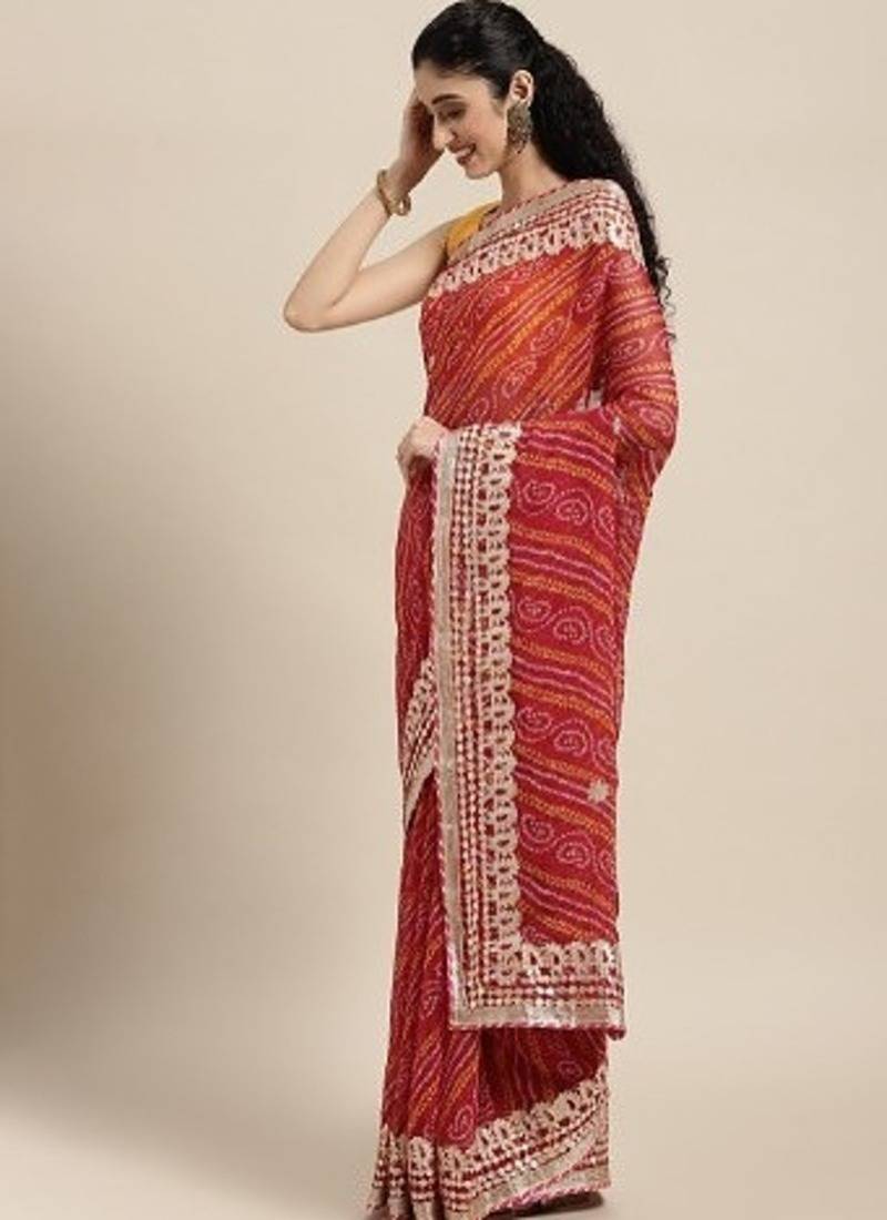 Red Bandhani Gota Patti Work Georgette Saree