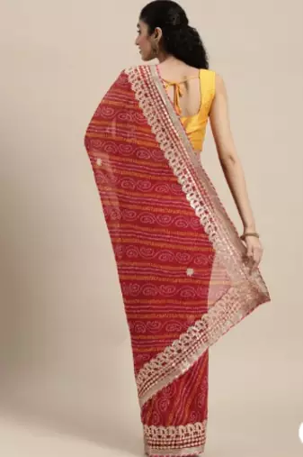 Red Bandhani Gota Patti Work Georgette Saree