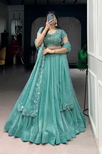 Sea Green Beaded Embroidered Gold Coin Lehenga Choli