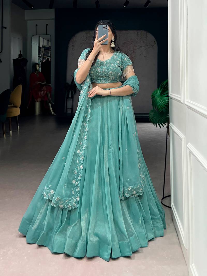 Sea Green Beaded Embroidered Gold Coin Lehenga Choli