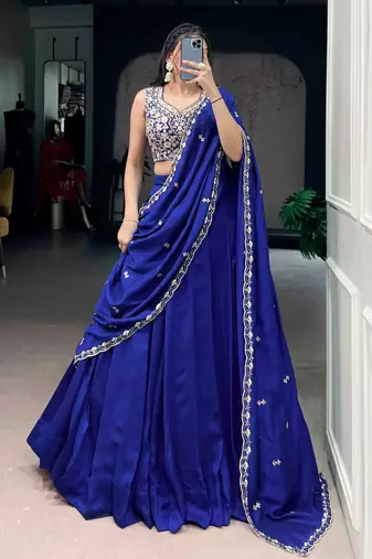 Royal Blue PC Kashmiri Lehenga Choli with Embroidered Blouse