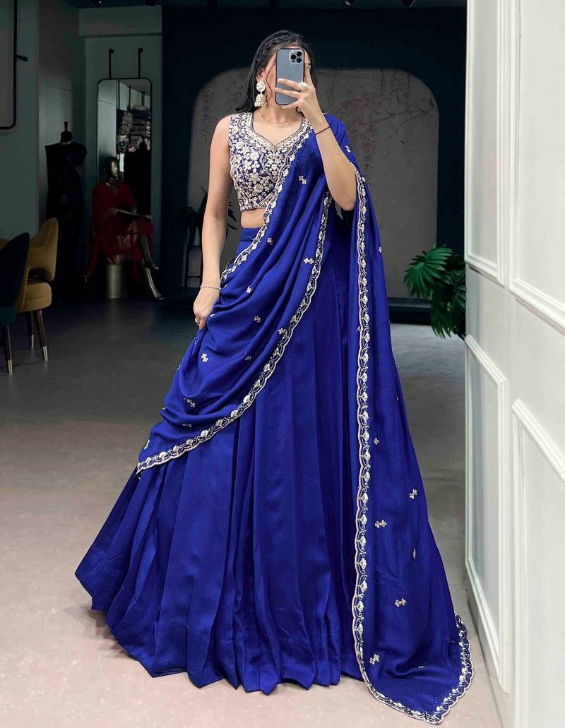 Royal Blue PC Kashmiri Lehenga Choli with Embroidered Blouse
