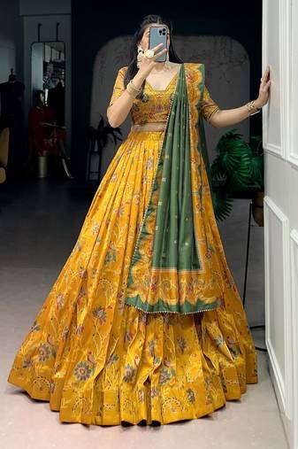 Mustard Foil Printed Tasar Silk Lehenga Choli with Dupatta