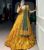 Mustard Foil Printed Tasar Silk Lehenga Choli with Dupatta