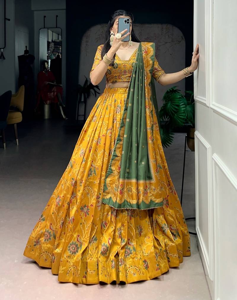Mustard Foil Printed Tasar Silk Lehenga Choli with Dupatta