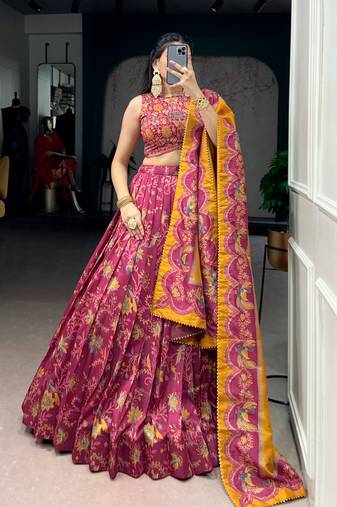 Wine Foil Printed Tasar Silk Lehenga Choli with Dupatta