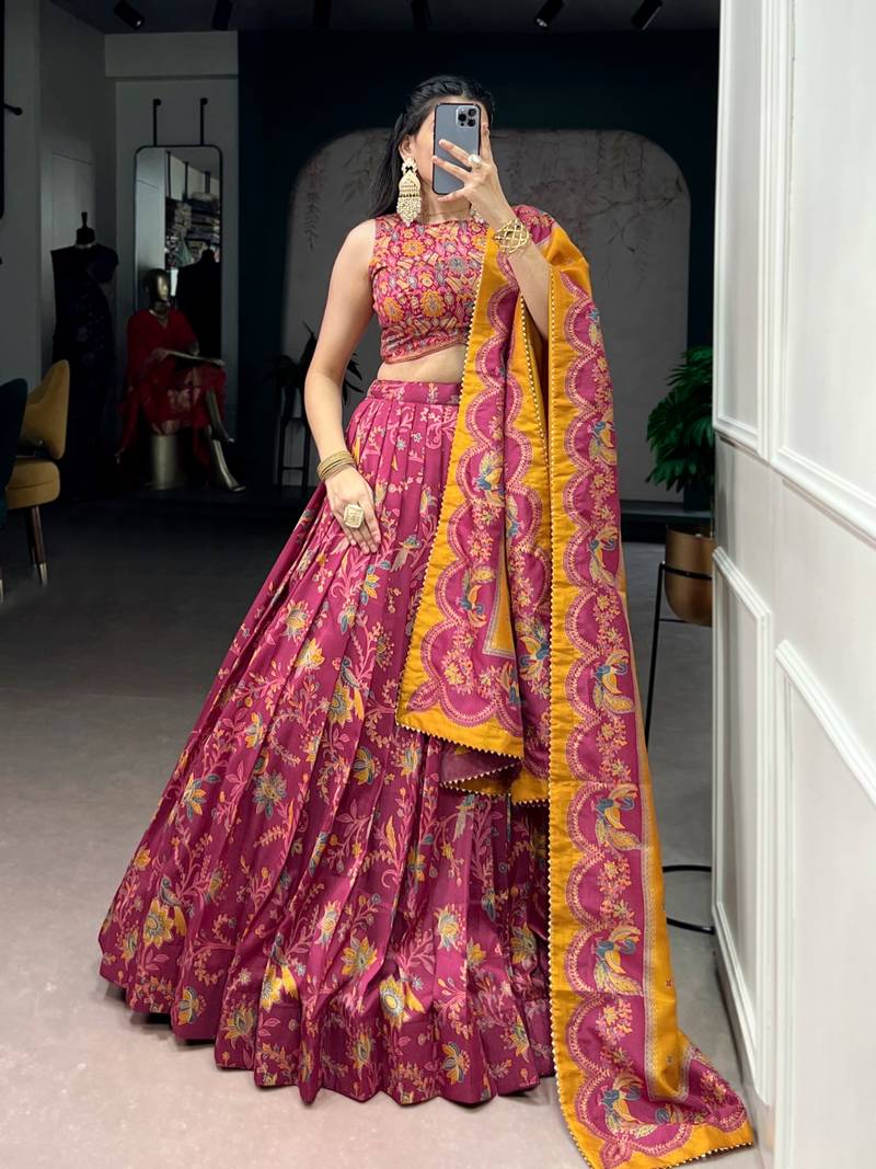 Wine Foil Printed Tasar Silk Lehenga Choli with Dupatta