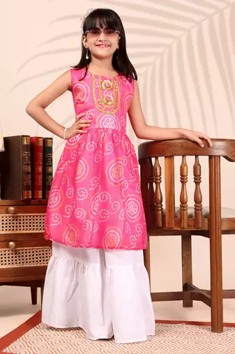 Pink & white ethnic printed work cotton blend sleeveless flared kurti with sharara girls ethnic wear set