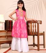 Pink & white ethnic printed work cotton blend sleeveless flared kurti with sharara girls ethnic wear set