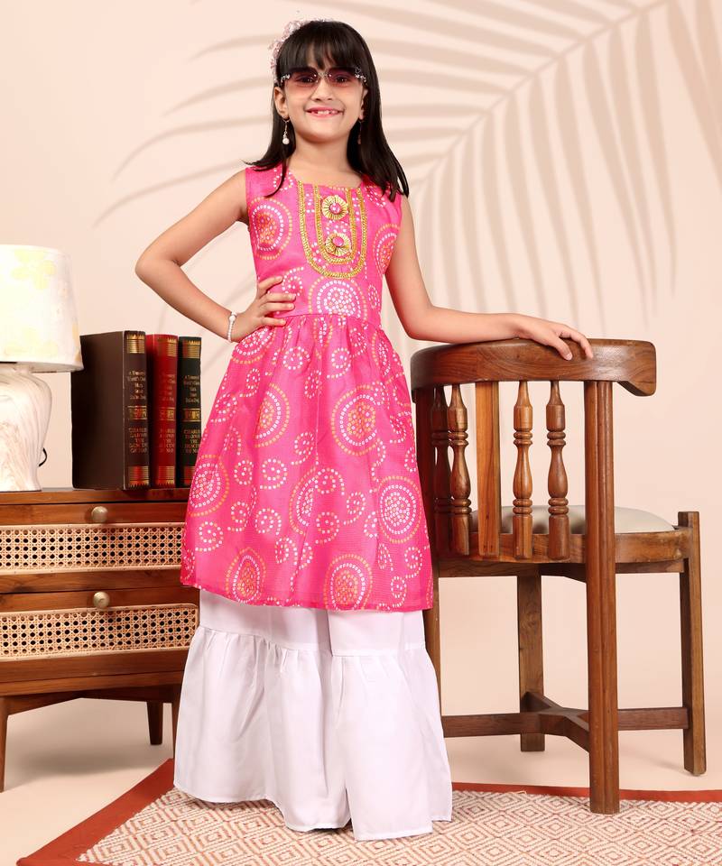 Pink & white ethnic printed work cotton blend sleeveless flared kurti with sharara girls ethnic wear set