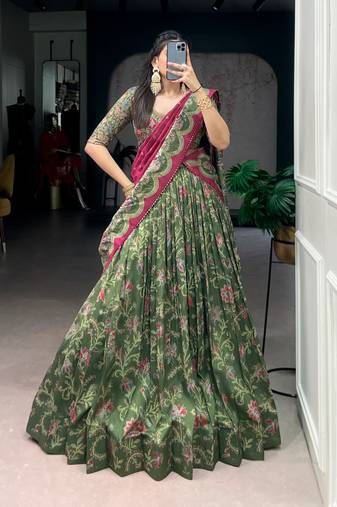 Olive Green Foil Printed Tasar Silk Lehenga Choli with Dupatta