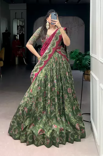 Olive Green Foil Printed Tasar Silk Lehenga Choli with Dupatta