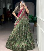 Olive Green Foil Printed Tasar Silk Lehenga Choli with Dupatta