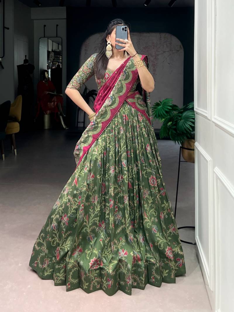 Olive Green Foil Printed Tasar Silk Lehenga Choli with Dupatta
