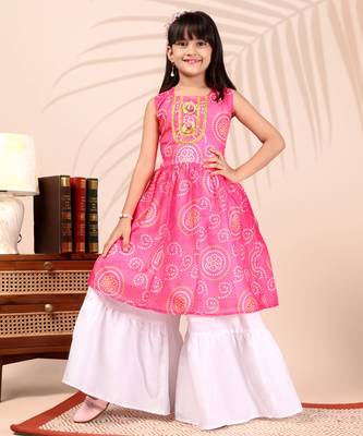 Pink & white ethnic printed work cotton blend sleeveless flared kurti with sharara girls ethnic wear set 2