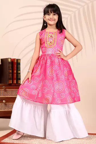Pink & white ethnic printed work cotton blend sleeveless flared kurti with sharara girls ethnic wear set