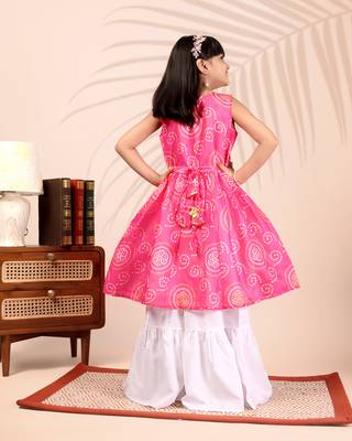 Pink & white ethnic printed work cotton blend sleeveless flared kurti with sharara girls ethnic wear set 3