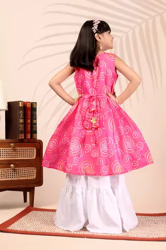 Pink & white ethnic printed work cotton blend sleeveless flared kurti with sharara girls ethnic wear set