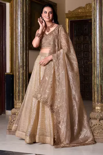 Beige Plain Gold Crush Lehenga Choli with Embroidered Dupatta