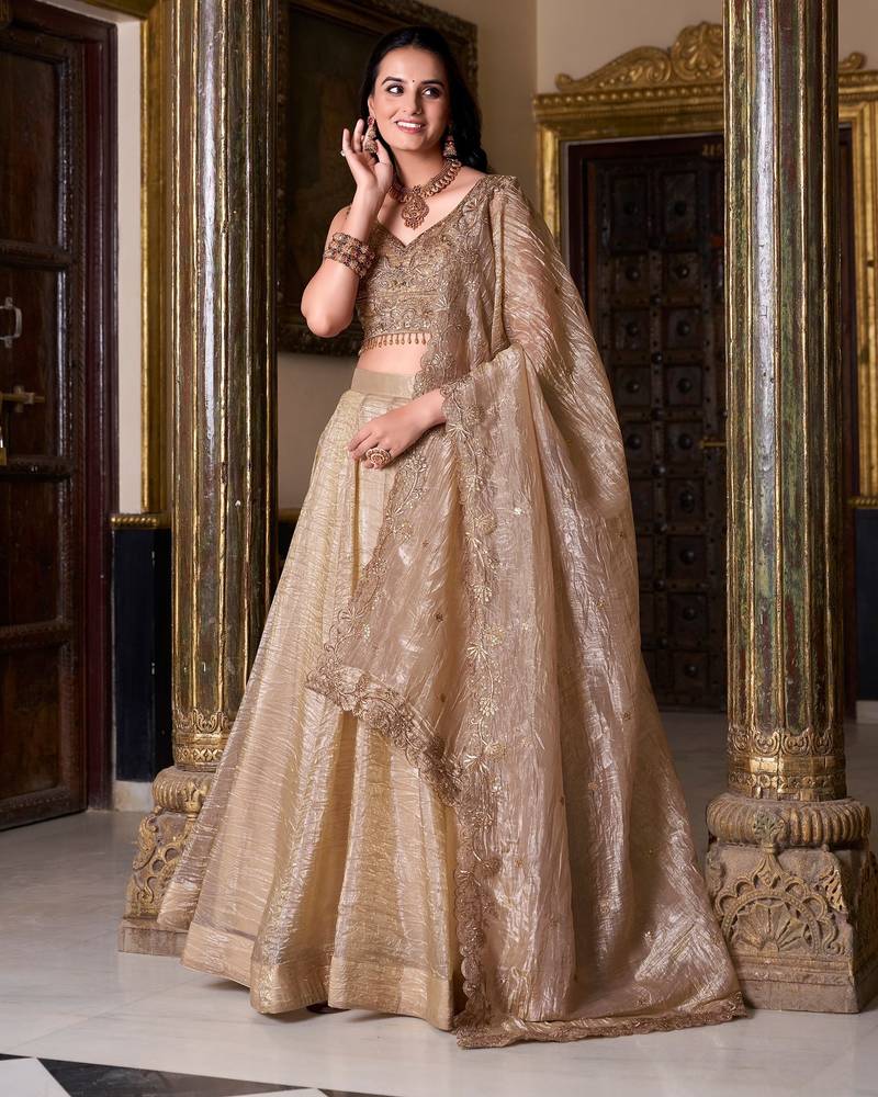 Beige Plain Gold Crush Lehenga Choli with Embroidered Dupatta