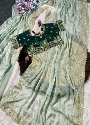 Light Green Color embroidery work with  Sequence Butti Satin Saree 1