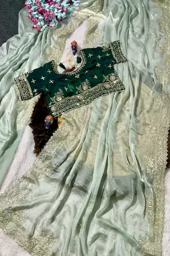 Light Green Color embroidery work with  Sequence Butti Satin Saree