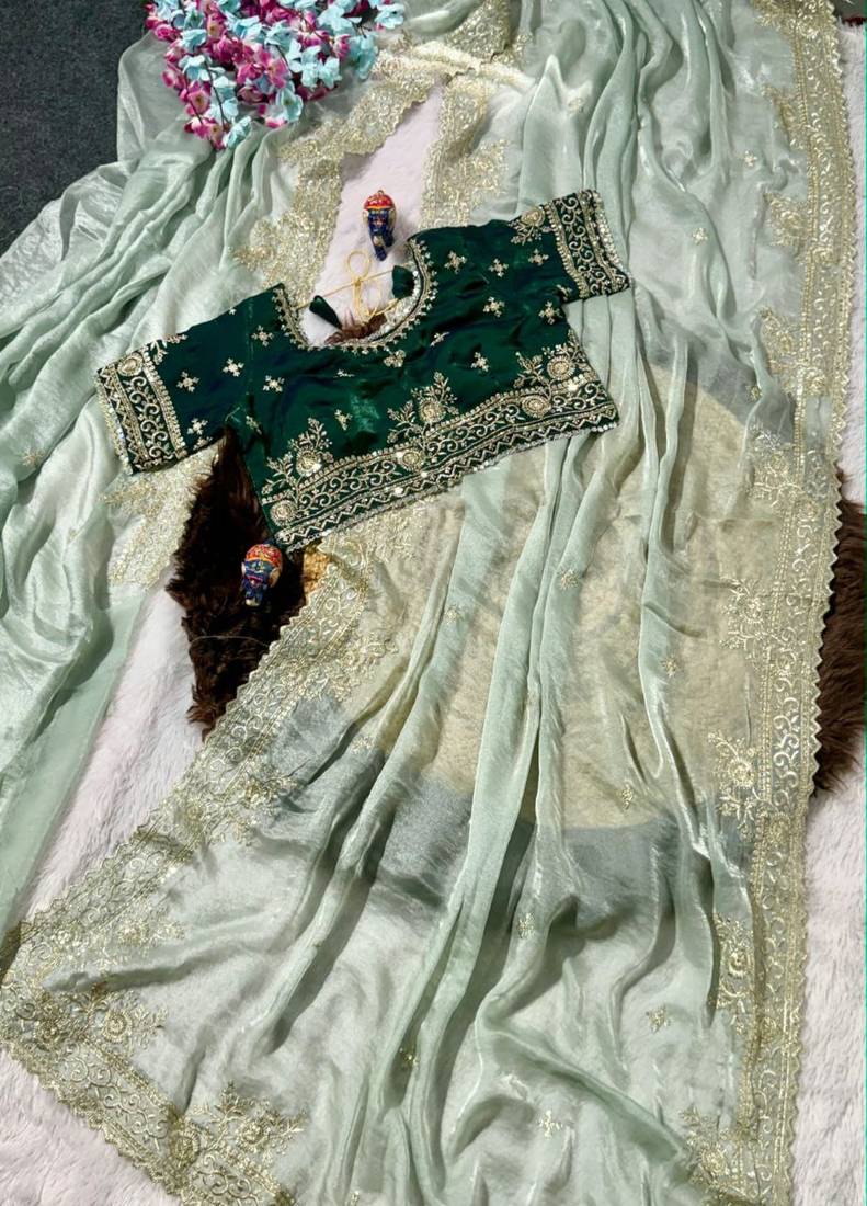 Light Green Color embroidery work with  Sequence Butti Satin Saree