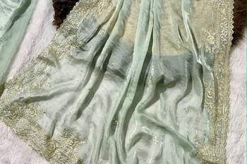 Light Green Color embroidery work with  Sequence Butti Satin Saree 3