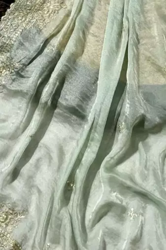 Light Green Color embroidery work with  Sequence Butti Satin Saree