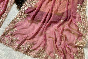 Pink Color embroidery work with  Sequence Butti Satin Saree 2