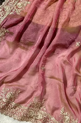 Pink Color embroidery work with  Sequence Butti Satin Saree